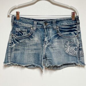 Cowgirl Tuff “ A Wing And A Prayer “ distressed Denim Embossed Shorts Sz 29